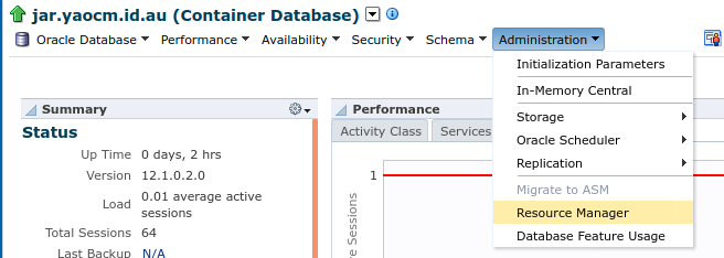 Select Resource Manager entry from Administration drop-down menu on database home page