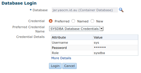 Enter login credentials for SYSDBA user