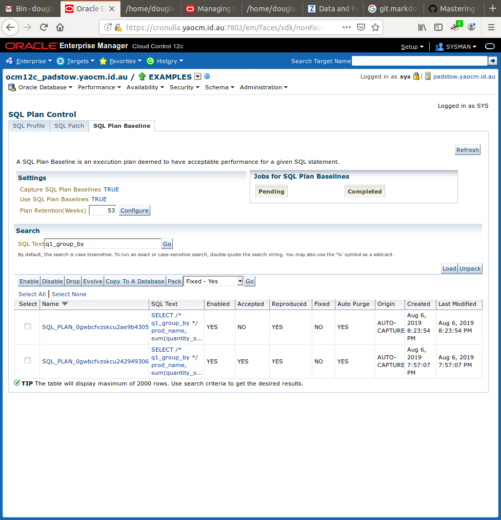SQL Plan Baselines found for the sample SQL executed above