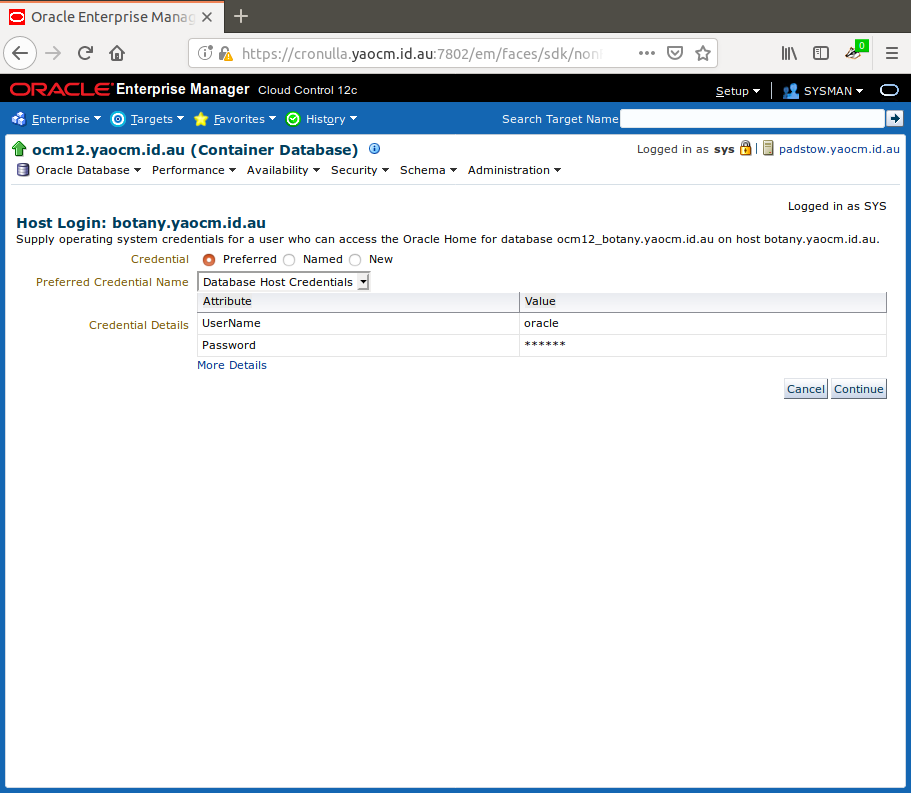 OEM Enter host credentials for standby machine