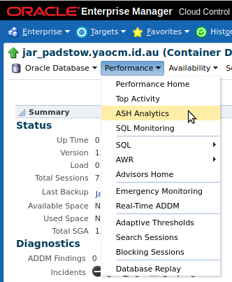 Access ASH Analytics via OEM Performance pull-down menu