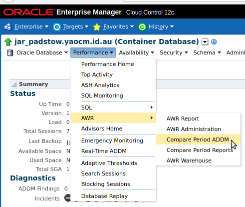 Access Compare ADDM via Performance Menu in OEM