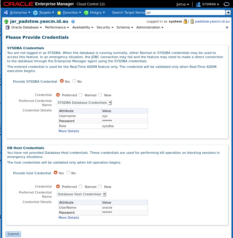 Enter credentials for Real Time ADDM