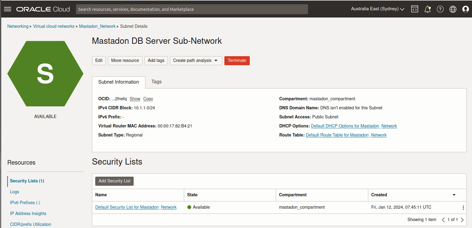 Display Mastadon DB Server sub-network from OCI console