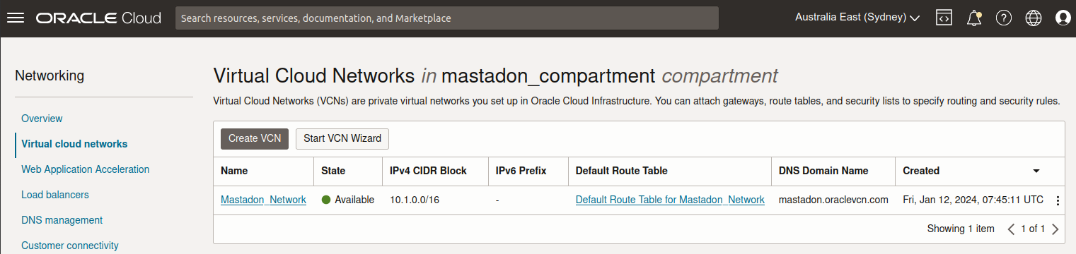 Display VCN from OCI console