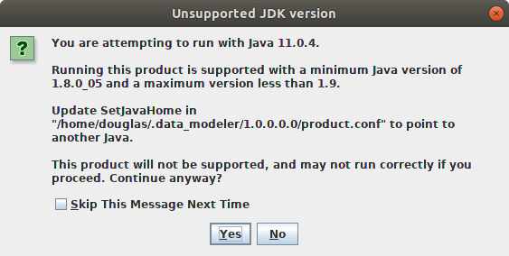 screen appears indicating that the current JDK (11) is not supported